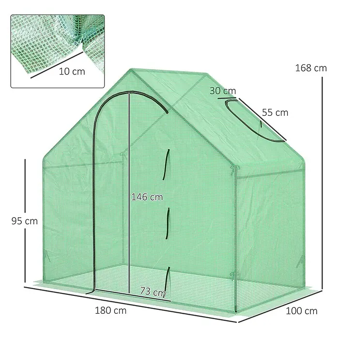 Outsunny Gewächshaus - 180 x 100 cm, Material Seitenwand: Kunststoff, 0,3 mm, Grün - Grünes, hausförmiges Gewächshaus mit verstärkter durchscheinender Abdeckung und Maßangaben für den Pflanzenanbau.
