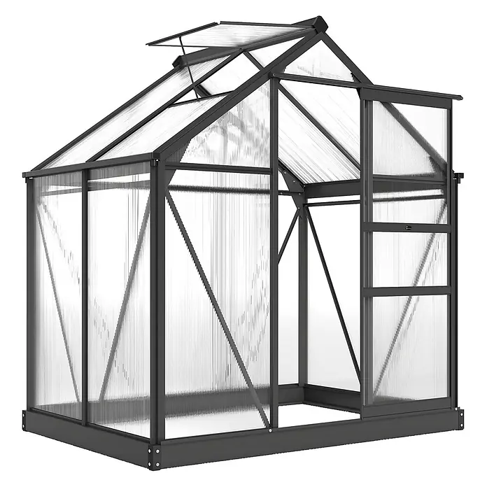 Outsunny Gewächshaus - Außenmaß inkl. Dachüberstand (B x T): 190 x 132 cm, Material Seitenwand: Kunststoff, 4 mm, Grau - Dunkelgraues Gewächshaus mit transparenten Stegplatten, Dachfenster und Schiebetür.