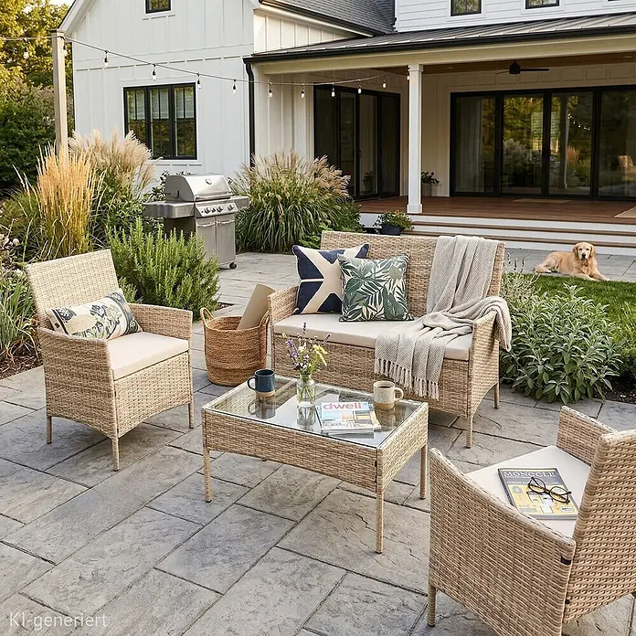 SVITA Loungemöbel-Set BROOKLYN - 4 -tlg., Beige - Rattan-Gartenmöbel-Set mit beigen Kissen und Glastisch auf einer Terrasse, mit Grill und Hund im Hintergrund.