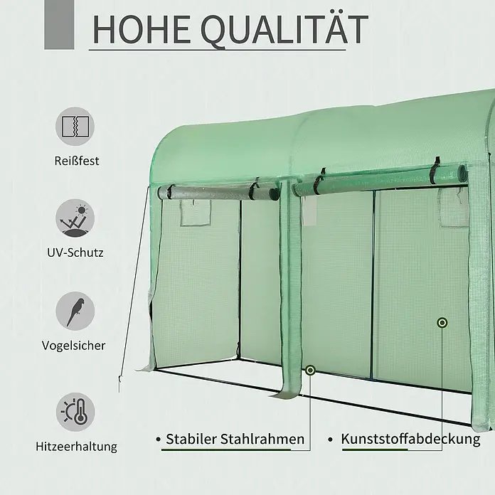 Outsunny Gewächshaus - 300 x 100 cm, Material Seitenwand: Kunststoff, 0,3 mm, Grün - Grüner, tragbarer Gewächshaustunnel mit stabilem Stahlrahmen und schützender Kunststoffabdeckung.