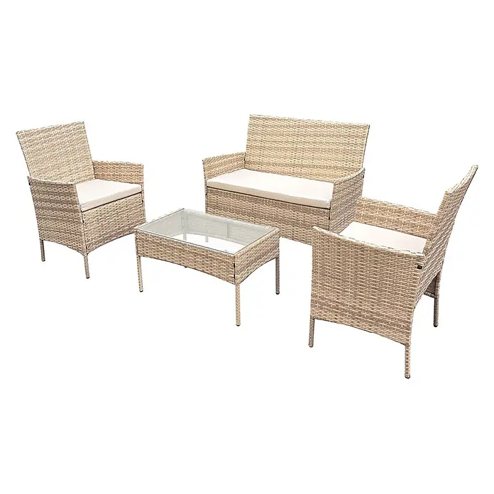 SVITA Loungemöbel-Set BROOKLYN - 4 -tlg., Beige - Beiges Rattan-Gartenmöbelset mit zwei Sesseln, einem Zweisitzer-Sofa mit Kissen und einem Couchtisch mit Glasplatte.