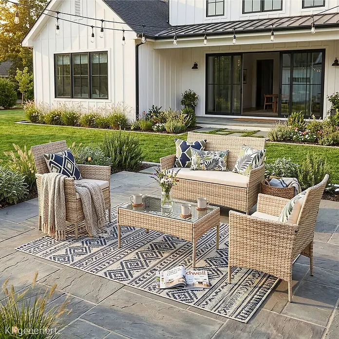 SVITA Loungemöbel-Set BROOKLYN - 4 -tlg., Beige - Helles beiges Korbmöbelset für die Terrasse mit Sofa, zwei Stühlen und Glastisch auf einem gemusterten Teppich.
