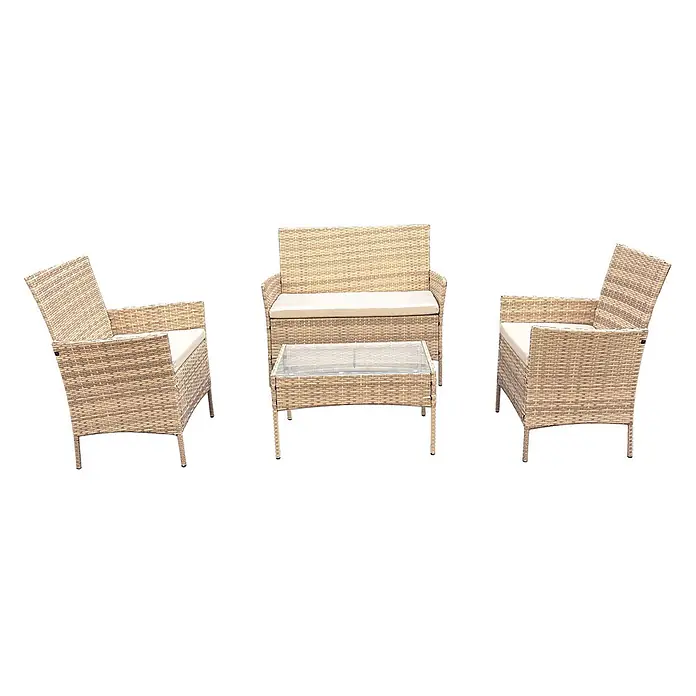 SVITA Loungemöbel-Set BROOKLYN - 4 -tlg., Beige - Beigefarbenes Rattan-Gartenmöbelset (4-teilig): zwei Sessel, Zweisitzer, Glastisch, helle Polster.