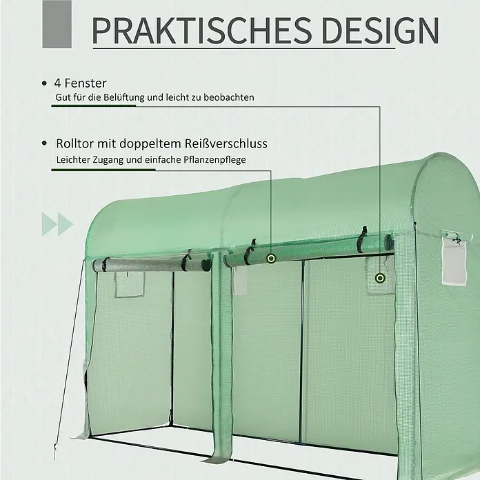 Outsunny Gewächshaus - 300 x 100 cm, Material Seitenwand: Kunststoff, 0,3 mm, Grün - Grünes Folientunnel-Gewächshaus mit 4 Fenstern zur Belüftung und einer Rolltür mit Doppelreißverschluss für einfachen Zugang und Pflanzenpflege.