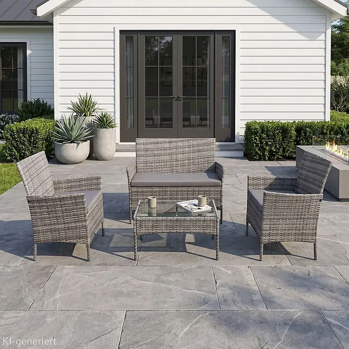 SVITA Loungemöbel-Set BROOKLYN - 4 -tlg., Polyrattan, 180g Polyester, Grau - Graue Korbmöbelgarnitur für die Terrasse mit dunklen Kissen und Glastisch, bereit für Entspannung im Freien.