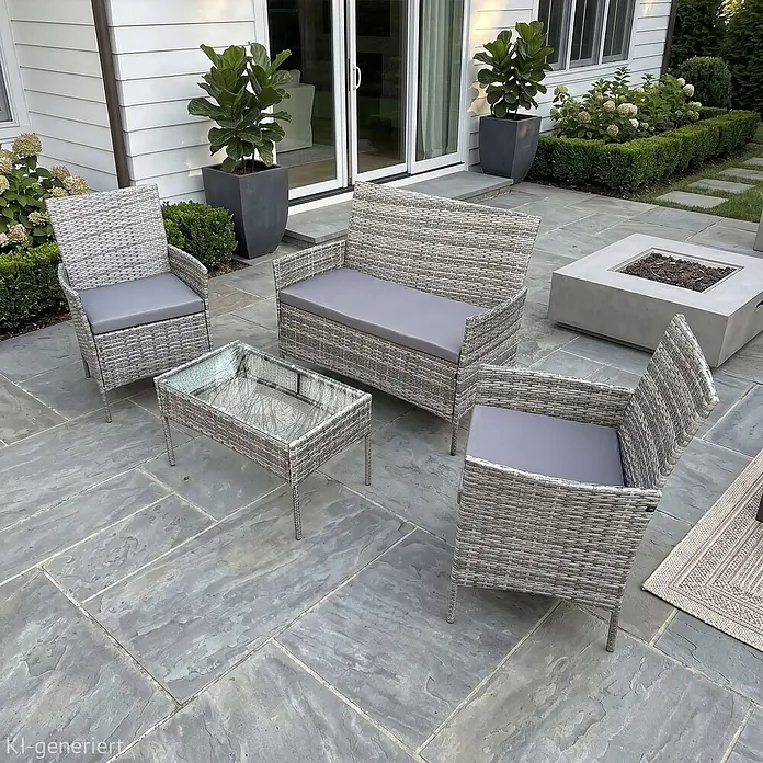 SVITA Loungemöbel-Set BROOKLYN - 4 -tlg., Polyrattan, 180g Polyester, Grau - Graues Rattan-Gartenmöbel-Set mit grauen Kissen und Glastisch auf einer Steinterrasse. Perfekt für entspannte Stunden im Freien.