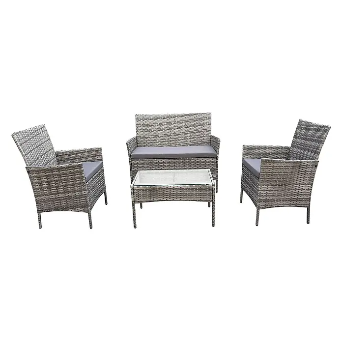 SVITA Loungemöbel-Set BROOKLYN - 4 -tlg., Polyrattan, 180g Polyester, Grau - Graue 4-teilige Rattan-Gartenmöbelgarnitur mit zwei Sesseln, einer Zweisitzerbank mit grauen Kissen und einem Couchtisch mit Glasplatte.