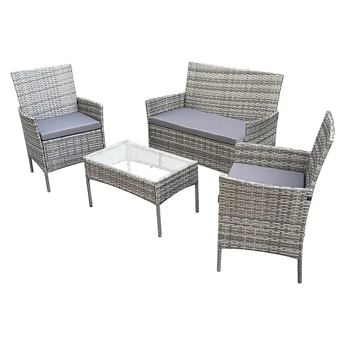 SVITA Loungemöbel-Set BROOKLYN - 4 -tlg., Polyrattan, 180g Polyester, Grau - Graue Rattan-Gartenmöbelgruppe mit grauen Polstern: 2-Sitzer Sofa, zwei Sessel und Couchtisch mit Glasplatte.