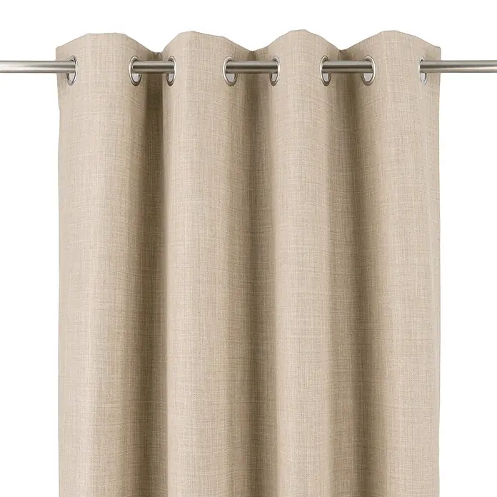 Cortina con ollaos opaca Novan - An x Al: 140 x 260 cm, Natural - Cortina beige con aspecto de lino con ojales en una barra de metal plateada.