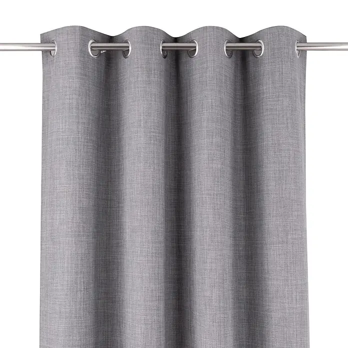 Cortina con ollaos opaca Novan - An x Al: 140 x 260 cm, Perla - Cortina gris texturizada con ojales metálicos, colgando de una barra plateada.