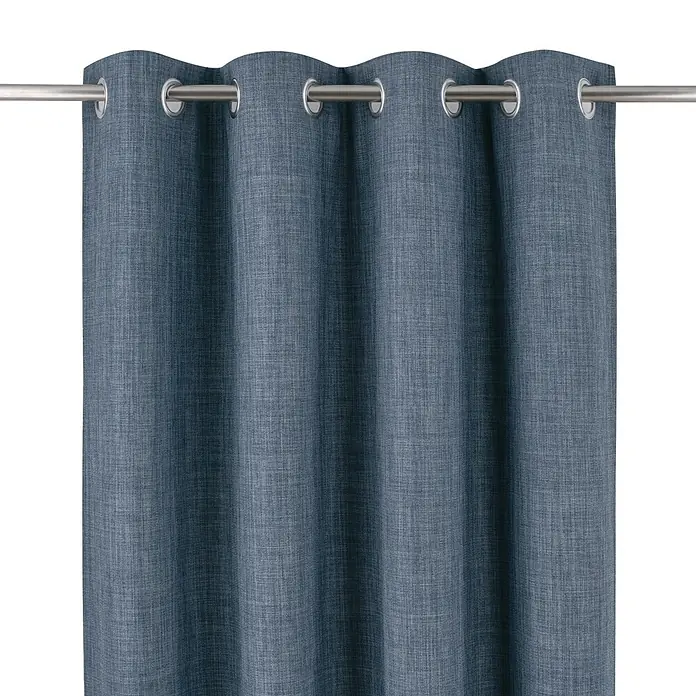 Cortina con ollaos opaca Novan - An x Al: 140 x 260 cm, Azul - Cortina azul texturizada con ojales colgando de una barra de cortina plateada.