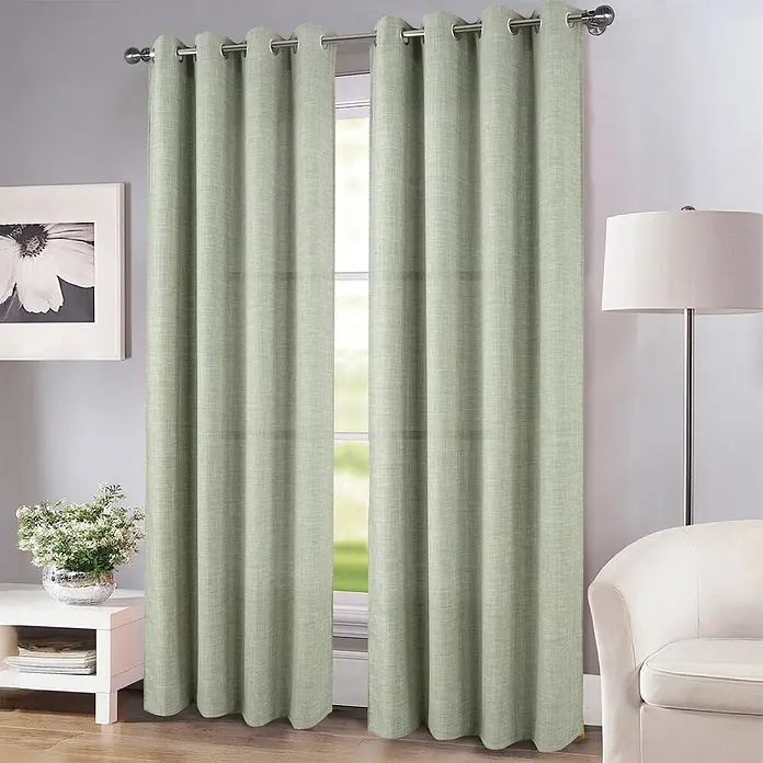Cortina con ollaos opaca Novan - An x Al: 140 x 260 cm, Verde Sage - Cortinas verde claro texturizadas con ojales en barra, parcialmente abiertas en sala.