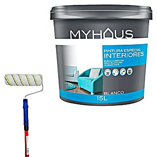 Pintura para paredes MyHaus + Rodillo completo telescópico Nespoli (Blanco, Mate, 15 l)