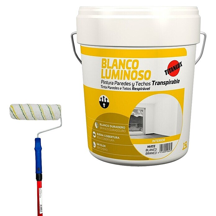 Pintura para paredes Blanco Luminoso + Rodillo completo telescópico Nespoli (Blanco luminoso, Mate, 15 l) | BAUHAUS