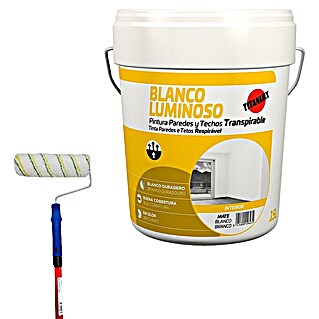 Pintura para paredes Blanco Luminoso + Rodillo completo telescópico Nespoli (Blanco luminoso, Mate, 15 l)