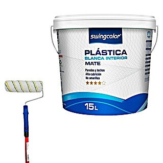 swingcolor Pintura para paredes y techos + Rodillo completo telescópico Nespoli (Blanco, Mate, 15 l)