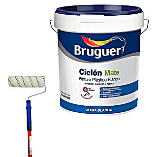 Pintura para paredes y techos Ciclón + Rodillo completo telescópico Nespoli (Blanco, Mate, 15 l)