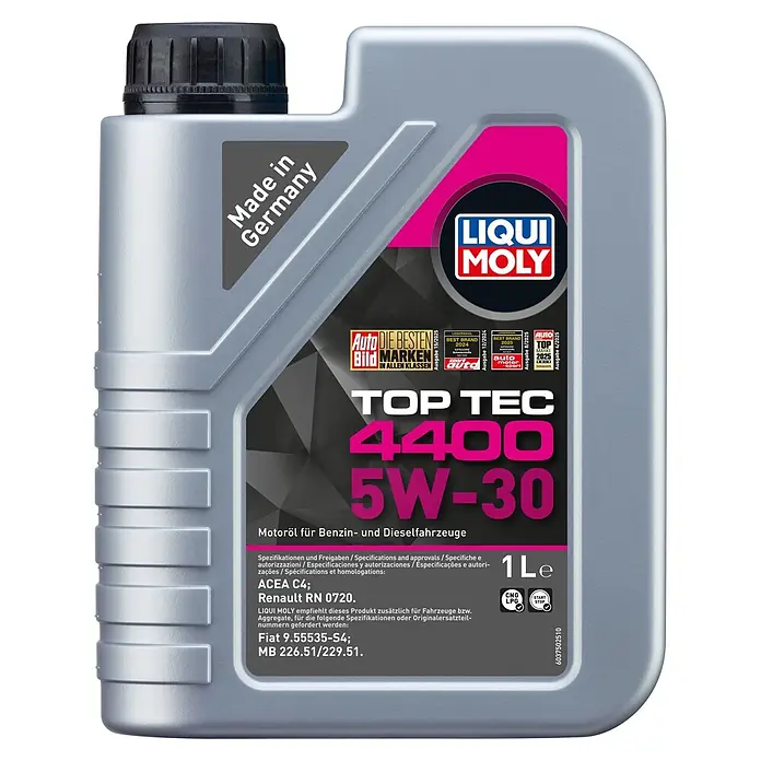 Liqui Moly Leichtlaufmotorenöl Top Tec 4400 - 5W-30, C4, 1 l - Silbergraue LIQUI MOLY Top Tec 4400 5W-30 Motorölflasche für Benzin- und Dieselfahrzeuge, 1 Liter.