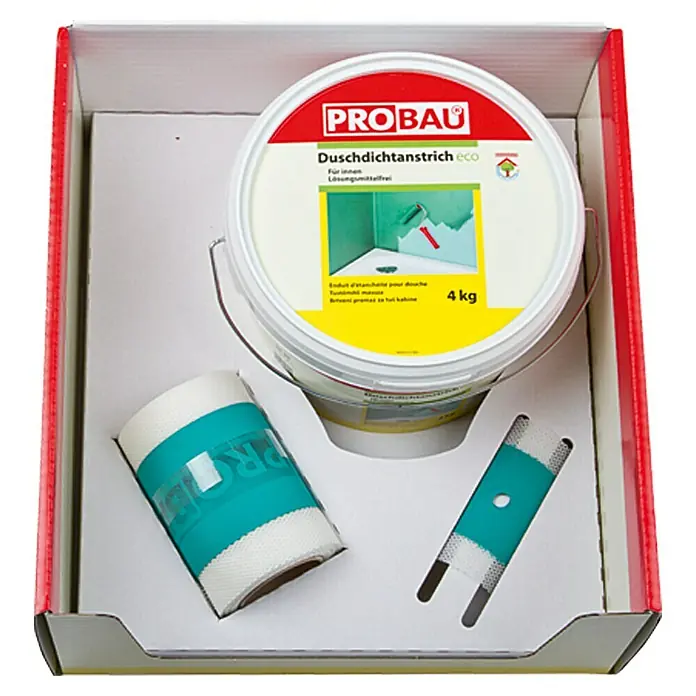 Probau eco Duschdicht-Set - 3 -tlg. - Ein Duschdichtanstrich-Set von Probau in einer roten Schachtel mit Malerkrepp und Dichtband. Das Set beinhaltet alles, um Duschen abzudichten.
