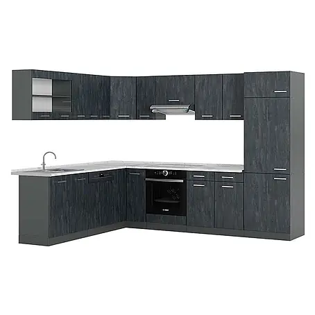 Vicco  Eckküche R-Line Schwarz Beton/Anthrazit AP Marmor