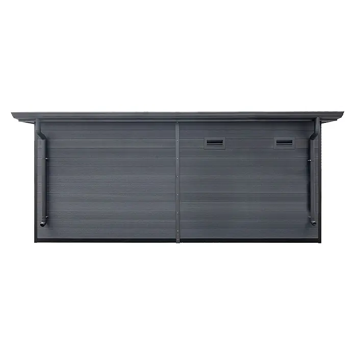 Fjordholz Gartenhaus Lounge XL - Außenmaß inkl. Dachüberstand (B x T): 721,5 x 325 cm, Aluminium, Anthrazit/grau - Dunkelgraue, getäfelte Schuppenfassade mit integriertem Regenrinnensystem und zwei Lüftungsgittern.