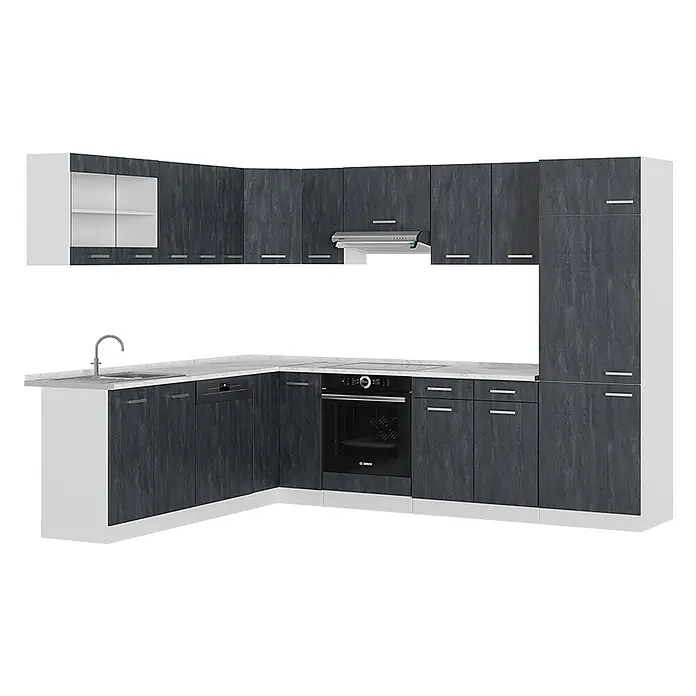 Vicco Eckküche R-Line Schwarz Beton/Weiß ohne Arbeitsplatte - B x T: 287 x 46 cm, Schwarz Beton, Ohne Elektrogeräte