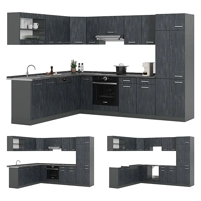 Vicco Eckküche R-Line Schwarz Beton/Anthrazit AP Eiche - B x T: 287 x 60 cm, Schwarz Beton, Ohne Elektrogeräte - L-förmige Küchenzeile in Dunkelgrau mit texturierter Oberfläche, Spüle, Ofen, Geschirrspüler und viel Stauraum.