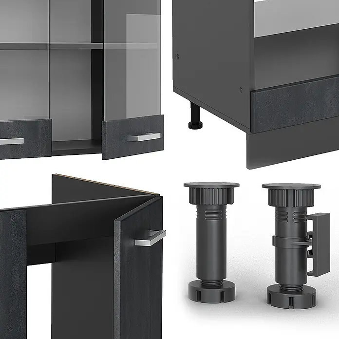 Vicco Eckküche R-Line Schwarz Beton/Anthrazit AP Eiche - B x T: 287 x 60 cm, Schwarz Beton, Ohne Elektrogeräte - Dunkelgraue Schrankteile mit Glastüren, silbernen Griffen und verstellbaren schwarzen Möbelfüßen.