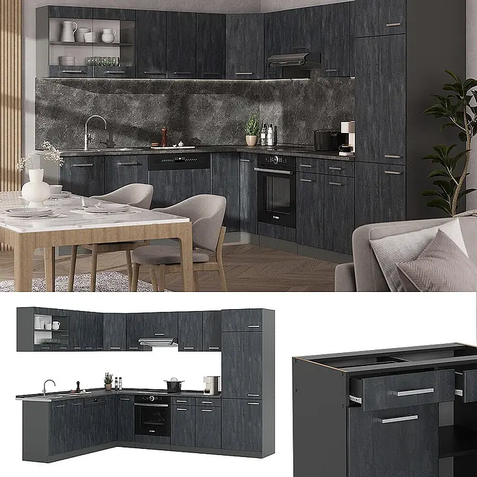 Vicco Eckküche R-Line Schwarz Beton/Anthrazit AP Eiche - B x T: 287 x 60 cm, Schwarz Beton, Ohne Elektrogeräte - Moderne dunkelgraue Küchenschrank-Set mit Holzmaserung, integriert in eine Eckküchenanordnung.