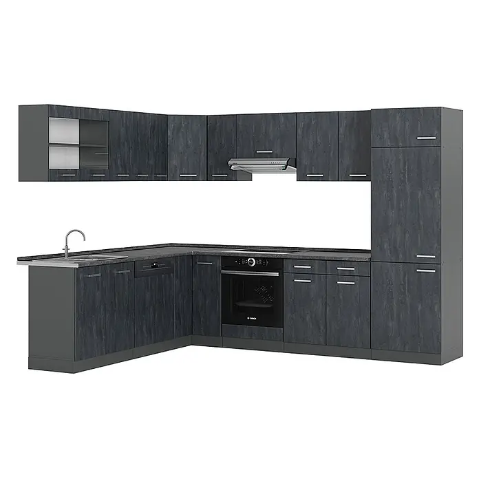 Vicco Eckküche R-Line Schwarz Beton/Anthrazit AP Anthrazit - B x T: 287 x 60 cm, Schwarz Beton, Ohne Elektrogeräte - L-förmige dunkelgraue Küchenzeile mit integriertem Backofen, Kochfeld, Spüle, Geschirrspüler, Schränken und Dunstabzugshaube.
