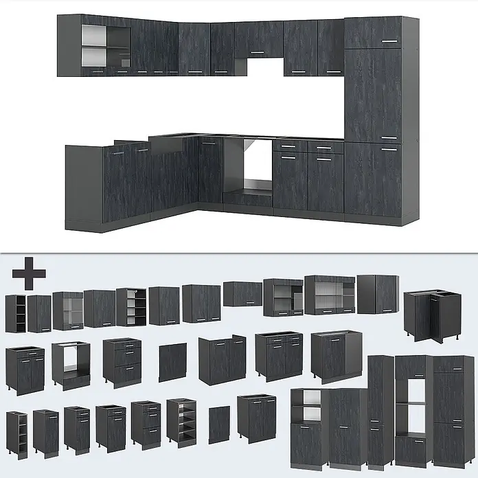 Vicco Eckküche R-Line Schwarz Beton/Anthrazit AP Eiche - B x T: 287 x 60 cm, Schwarz Beton, Ohne Elektrogeräte - Modulare dunkelgraue Küchenschränke mit strukturierter Oberfläche, bestehend aus Wand-, Unter- und Hochschränken.