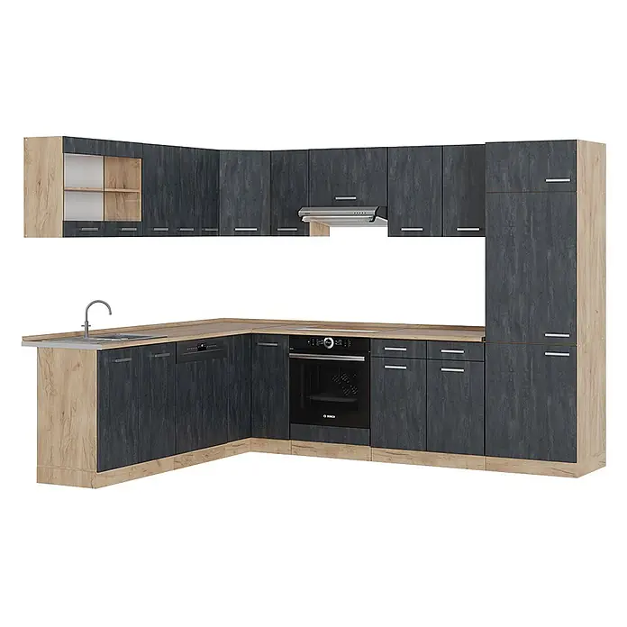 Vicco Eckküche R-Line Schwarz Beton/Goldkraft Eiche ohne Arbeitsplatte - B x T: 287 x 46 cm, Schwarz Beton, Ohne Elektrogeräte - L-förmige Küchenzeile mit dunkelgrauen Schränken, hellen Holzfronten, Spüle, Geschirrspüler, Backofen und Hochschrank.