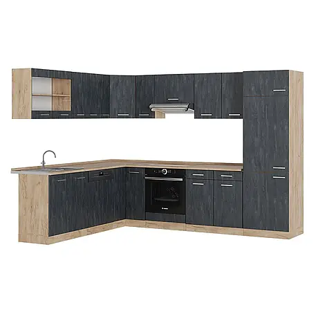 Vicco  Eckküche R-Line Schwarz Beton/Goldkraft Eiche ohne Arbeitsplatte
