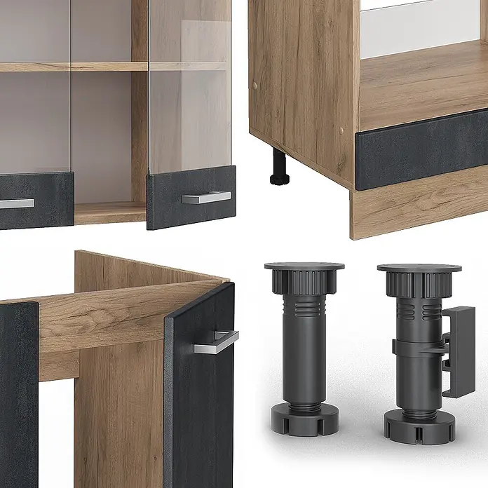 Vicco Eckküche R-Line Schwarz Beton/Goldkraft Eiche AP Anthrazit - B x T: 287 x 60 cm, Schwarz Beton, Ohne Elektrogeräte - Modulare Schrankteile: helle Holz- und dunkelgraue Platten, Glastüren, Metallgriffe, verstellbare dunkelgraue Kunststofffüße.