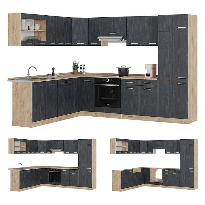 Vicco Eckküche R-Line Schwarz Beton/Goldkraft Eiche AP Anthrazit - B x T: 287 x 60 cm, Schwarz Beton, Ohne Elektrogeräte - Moderne Eckküche mit dunkelgrauen strukturierten Schränken und heller Holz-Arbeitsplatte, mit integrierten Geräten.
