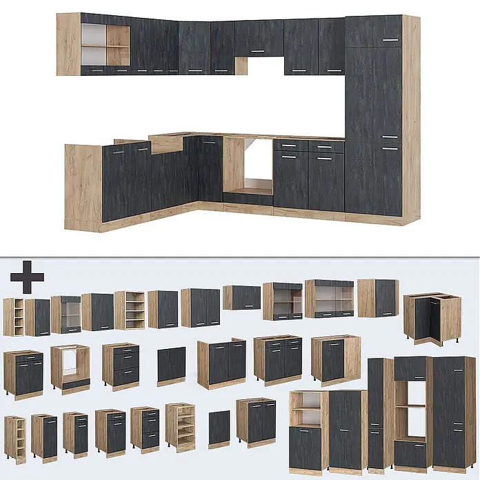 Vicco Eckküche R-Line Schwarz Beton/Goldkraft Eiche AP Anthrazit - B x T: 287 x 60 cm, Schwarz Beton, Ohne Elektrogeräte - Modulare L-Küche mit dunkelgrauen Türen und hellen Holzakzenten, als Gesamtbild und Einzelschränke dargestellt.