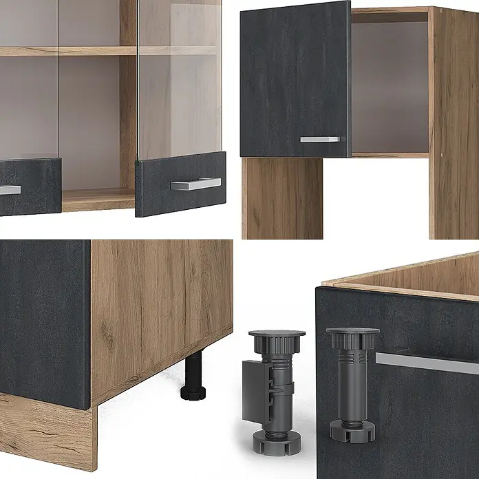 Vicco Eckküche R-Line Schwarz Beton/Goldkraft Eiche AP Marmor - B x T: 247 x 60 cm, Schwarz Beton, Ohne Elektrogeräte - Modulare Schranksysteme mit dunklen, strukturierten Fronten, hellbraunem Korpus und verstellbaren Füßen.