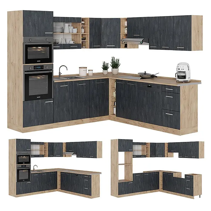 Vicco Eckküche R-Line Schwarz Beton/Goldkraft Eiche AP Marmor - B x T: 247 x 60 cm, Schwarz Beton, Ohne Elektrogeräte - L-förmige modulare Küche mit heller Holzoptik und dunkelgrauen Fronten, integrierten Öfen, Spüle und Geschirrspüler.