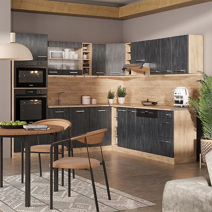 Vicco Eckküche R-Line Schwarz Beton/Goldkraft Eiche AP Marmor - B x T: 247 x 60 cm, Schwarz Beton, Ohne Elektrogeräte - Moderne Küche mit dunkelgrauen Schränken und hellen Holzakzenten, integrierten Geräten und offenen Regalen.