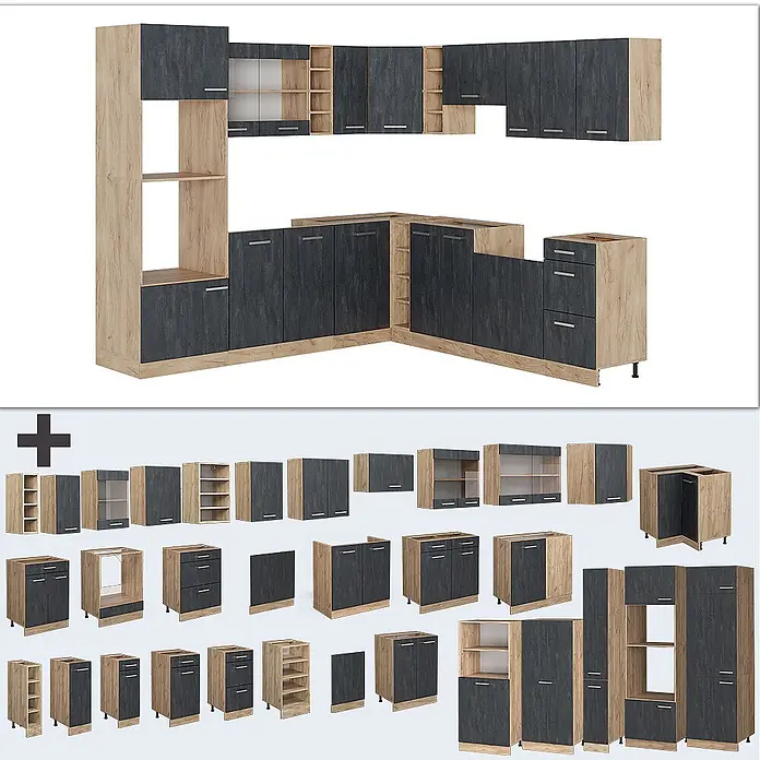 Vicco Eckküche R-Line Schwarz Beton/Goldkraft Eiche AP Marmor - B x T: 247 x 60 cm, Schwarz Beton, Ohne Elektrogeräte - Modulare Küchenmöbel in Eiche-Optik und Dunkelgrau, mit verschiedenen Schrankmodulen.