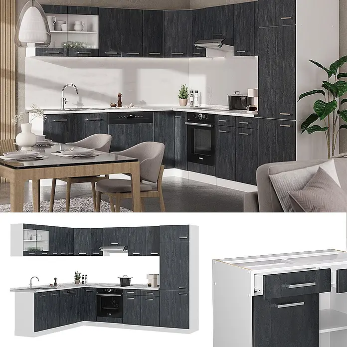 Vicco Eckküche R-Line Schwarz Beton/Weiß AP Eiche - B x T: 287 x 60 cm, Schwarz Beton, Ohne Elektrogeräte - Dunkelgraue, strukturierte L-förmige Küchenschrankgarnitur mit integrierten Geräten in modernem Wohnraum.