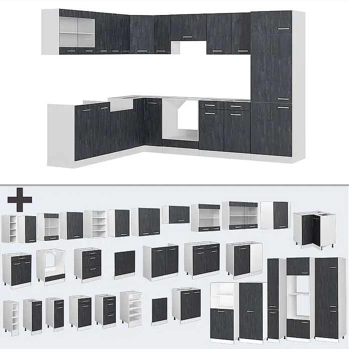 Vicco Eckküche R-Line Schwarz Beton/Weiß AP Eiche - B x T: 287 x 60 cm, Schwarz Beton, Ohne Elektrogeräte - L-förmige Küchenmöbel in Dunkelgrau und Weiß, mit verschiedenen Modulen.