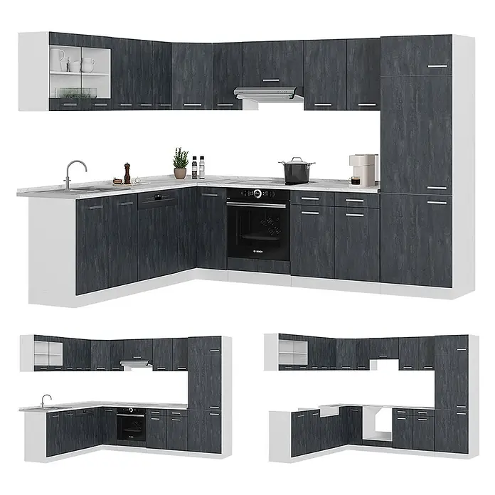 Vicco Eckküche R-Line Schwarz Beton/Weiß AP Eiche - B x T: 287 x 60 cm, Schwarz Beton, Ohne Elektrogeräte - L-förmige Küche mit dunkelgrauen strukturierten Fronten, weißer Arbeitsplatte und integrierten Geräten: Backofen, Spülmaschine, Spüle, Kochfeld.