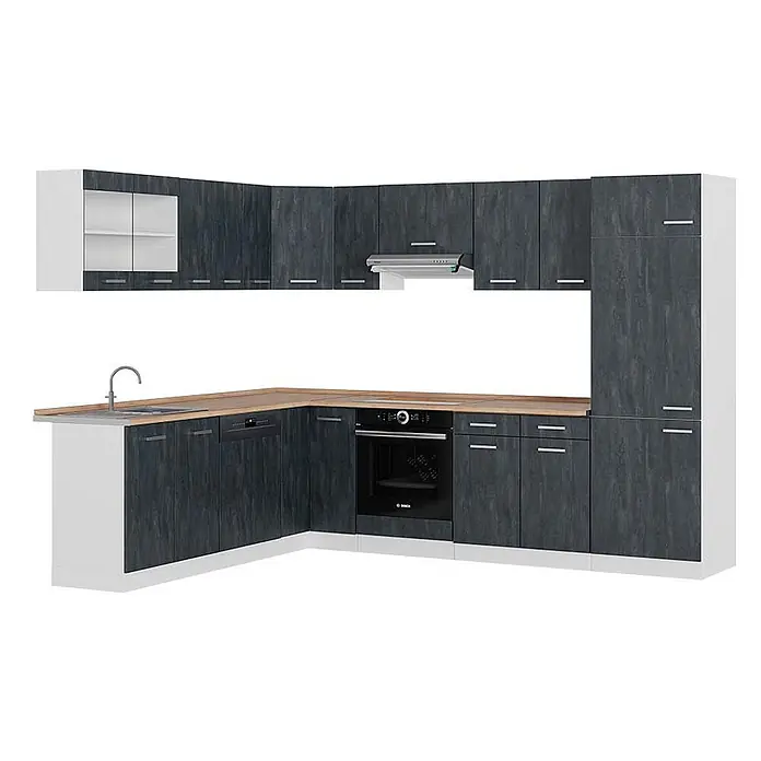 Vicco Eckküche R-Line Schwarz Beton/Weiß AP Eiche - B x T: 287 x 60 cm, Schwarz Beton, Ohne Elektrogeräte - L-förmige Modulküche in dunkler Holzoptik mit heller Arbeitsplatte, Spüle, Backofen und Geschirrspüler.