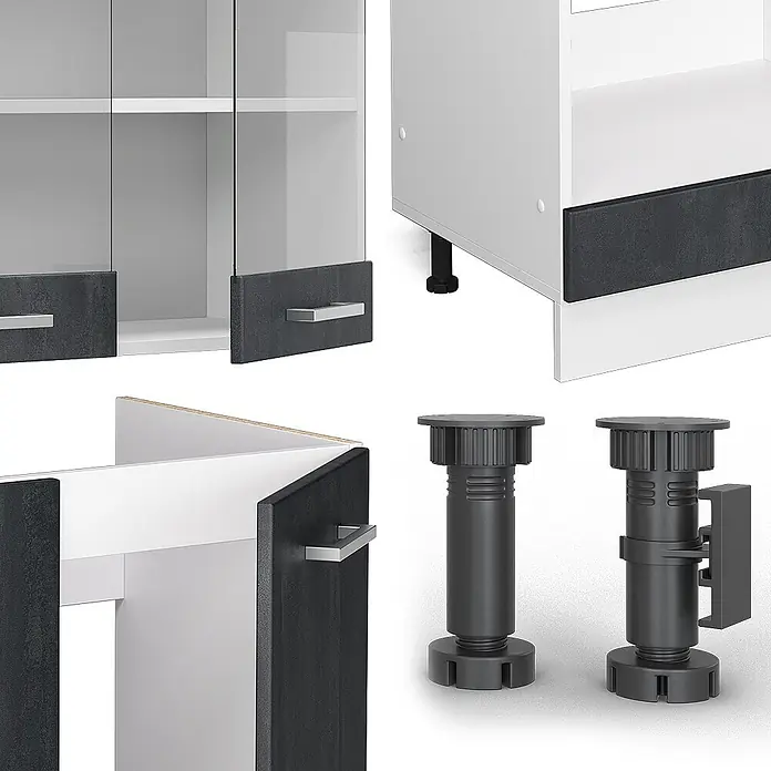 Vicco Eckküche R-Line Schwarz Beton/Weiß AP Eiche - B x T: 287 x 60 cm, Schwarz Beton, Ohne Elektrogeräte - Modulare weiße und dunkelgraue Schrankkomponenten: Glastüren, Metallgriffe, Einlegeböden und verstellbare schwarze Kunststofffüße.