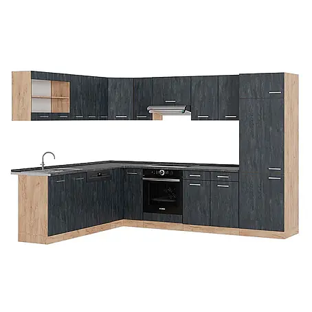 Vicco  Eckküche R-Line Schwarz Beton/Goldkraft Eiche AP Anthrazit