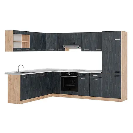 Vicco  Eckküche R-Line Schwarz Beton/Goldkraft Eiche AP Marmor