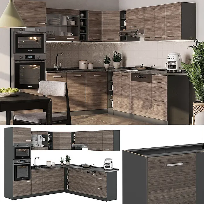 Vicco Eckküche R-Line Edelgrau/Anthrazit, AP Marmor - B x T: 247 x 60 cm, Edelgrau, Ohne Elektrogeräte - Moderne L-förmige Einbauküche mit dunklen Holzmaserungsschränken, dunklen Arbeitsplatten und integrierten Geräten.