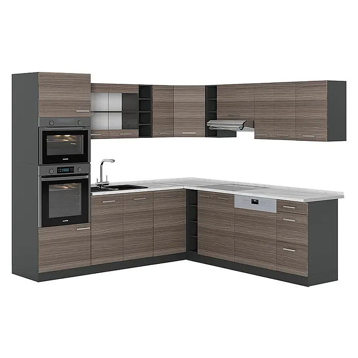 Vicco Eckküche R-Line Edelgrau/Anthrazit, AP Marmor - B x T: 247 x 60 cm, Edelgrau, Ohne Elektrogeräte - Moderne L-Küche mit Holzmaserungsschränken, heller Arbeitsplatte, integrierten Öfen, Spüle, Kochfeld, Geschirrspüler und Dunstabzugshaube.