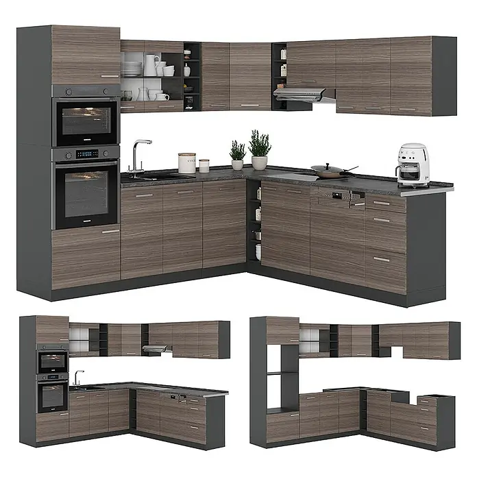 Vicco Eckküche R-Line Edelgrau/Anthrazit, AP Marmor - B x T: 247 x 60 cm, Edelgrau, Ohne Elektrogeräte - Moderne L-förmige Küche mit dunklen Holzschränken, dunkelgrauer Struktur, integrierten Öfen und Spüle.